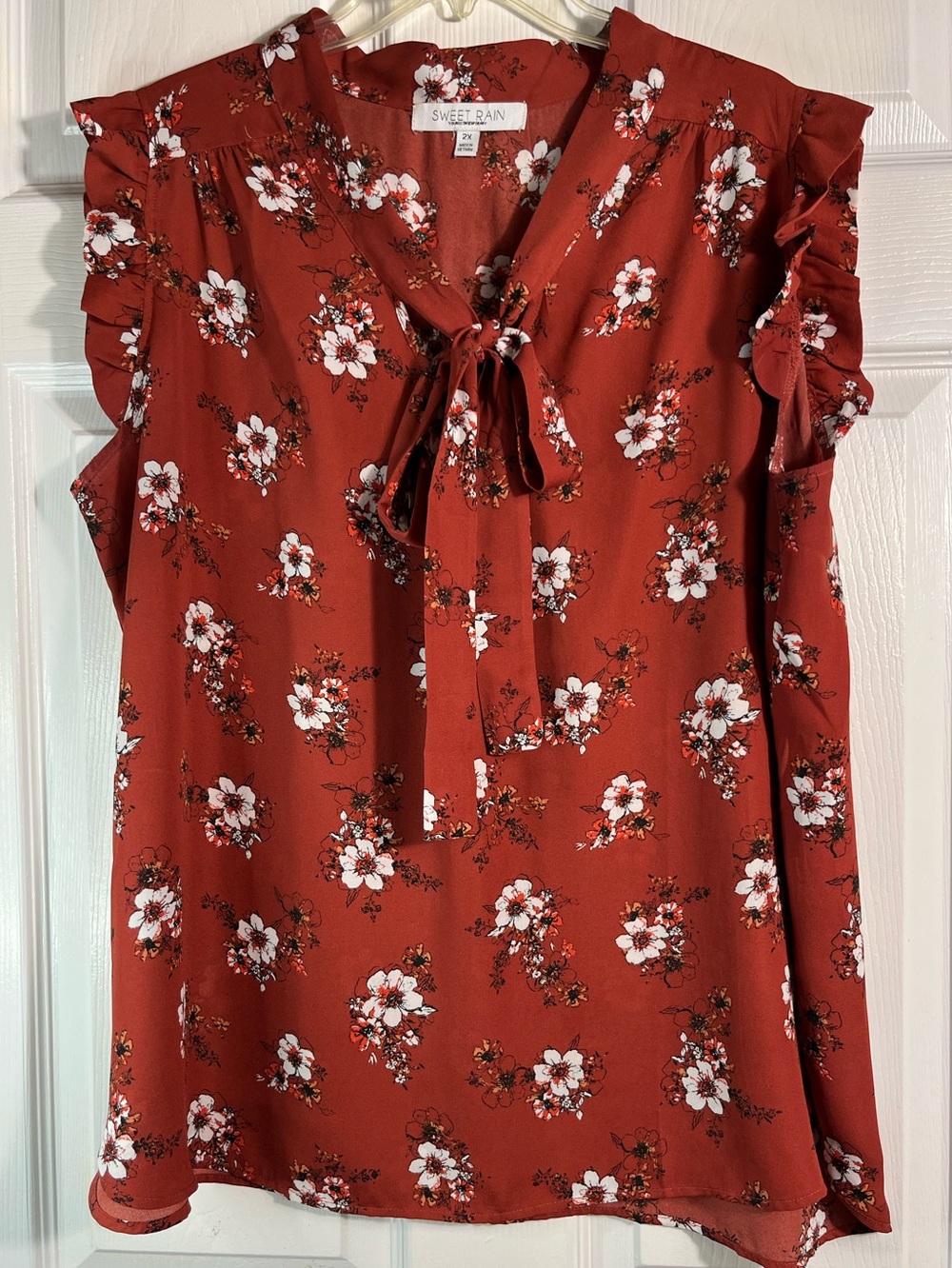 Sweet Rain Rust Red Floral Tie-Neck Ruffle Blouse 2X